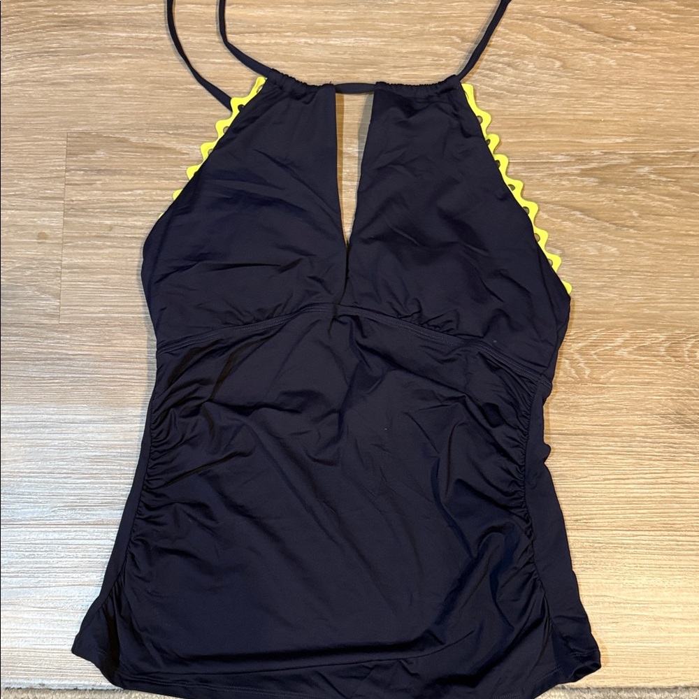 Anne Cole Keyhole High Neck Shirred Tankini Swim Top, Navy Swimsuit w/ Yellow